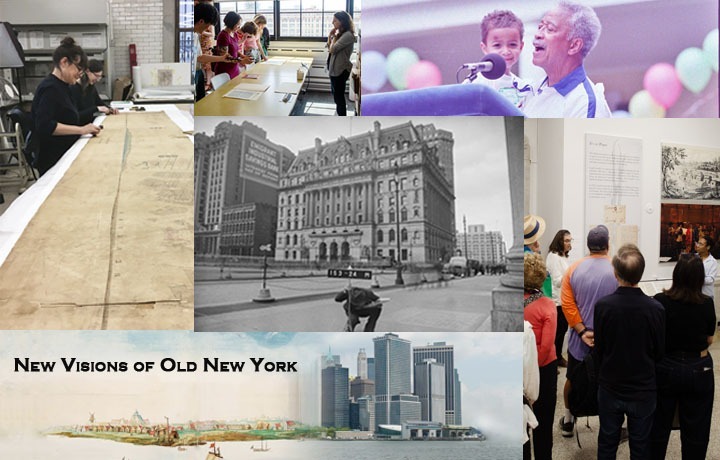 Collage of photos about historical New York City people, places, and events, including tours of the New York City Archives' collections.
                                           