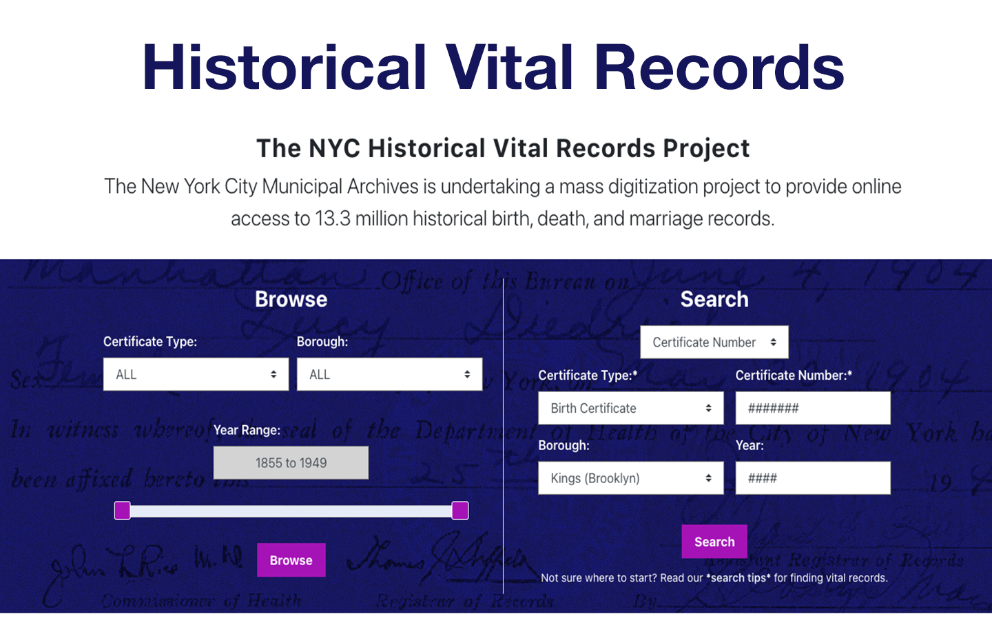 Home page of the Historical Vital Records Page 
                                           