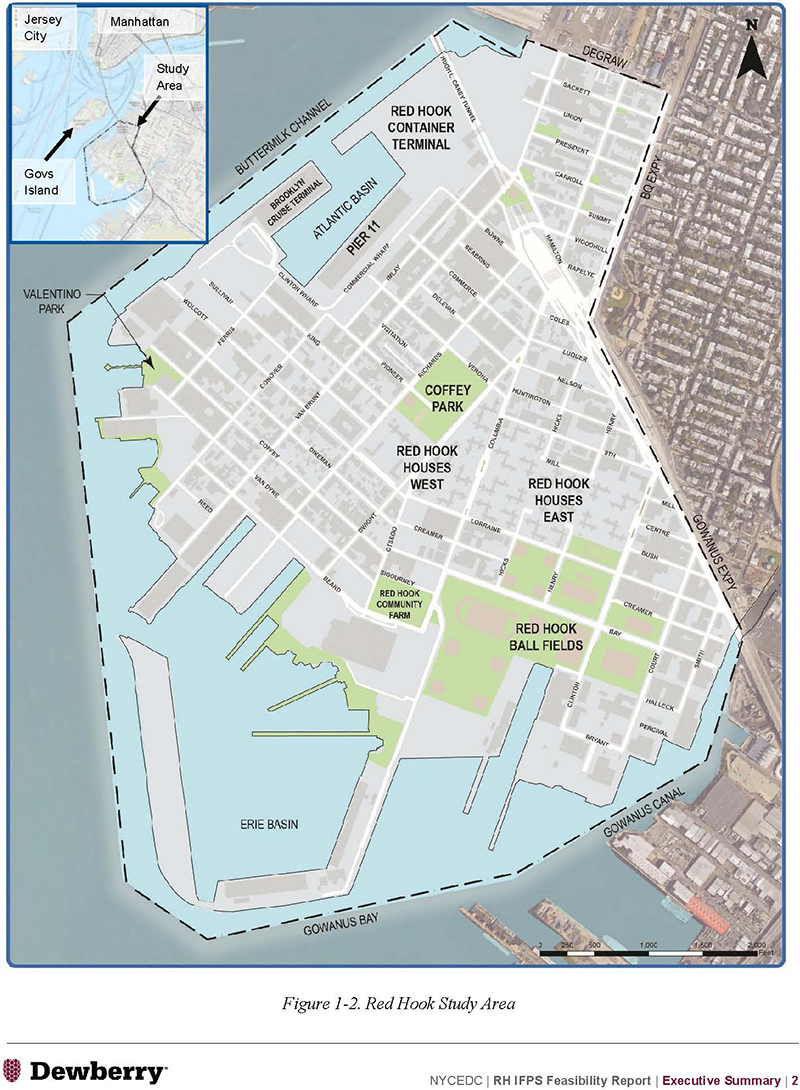 Map illustrating boundaries of Red Hook & major elements in neighborhood including Red Hook Houses