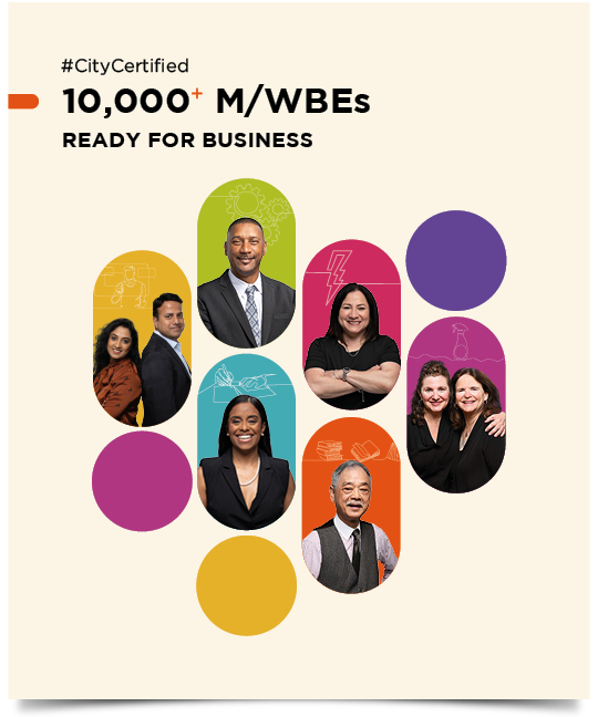 Photos of multicultural local business owners with text #CityCertified: 10,000+ M/WBEs Ready for Business