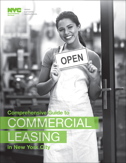 Smiling female holding an open sign in front of a storefront with name of report at bottom Comprehensive Guide to Commercial Leasing in New York City