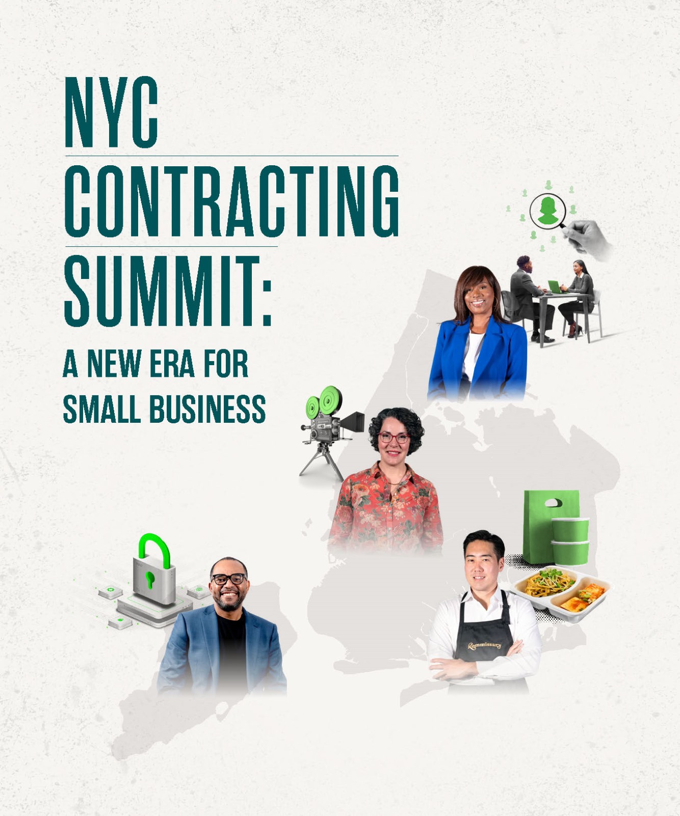 Photos of multicultural business owners in different industries with text NYC Contracting Summit A New Era for Small Business