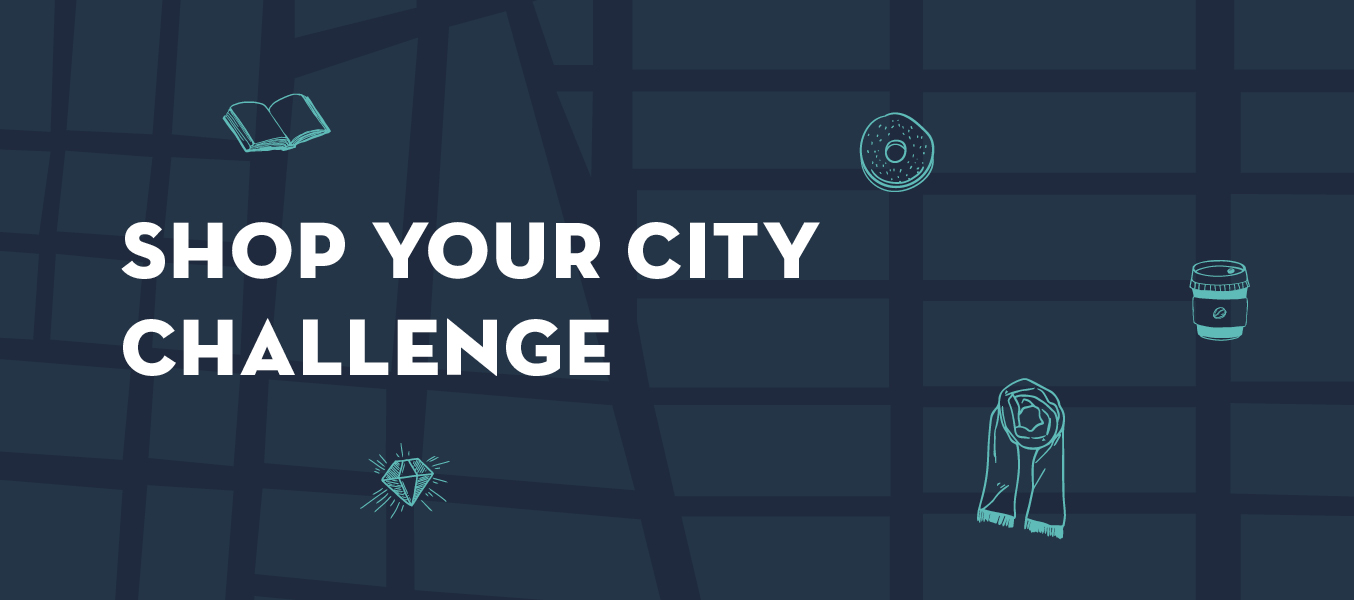 Illustration with icons of products and text Shop Your City Challenge