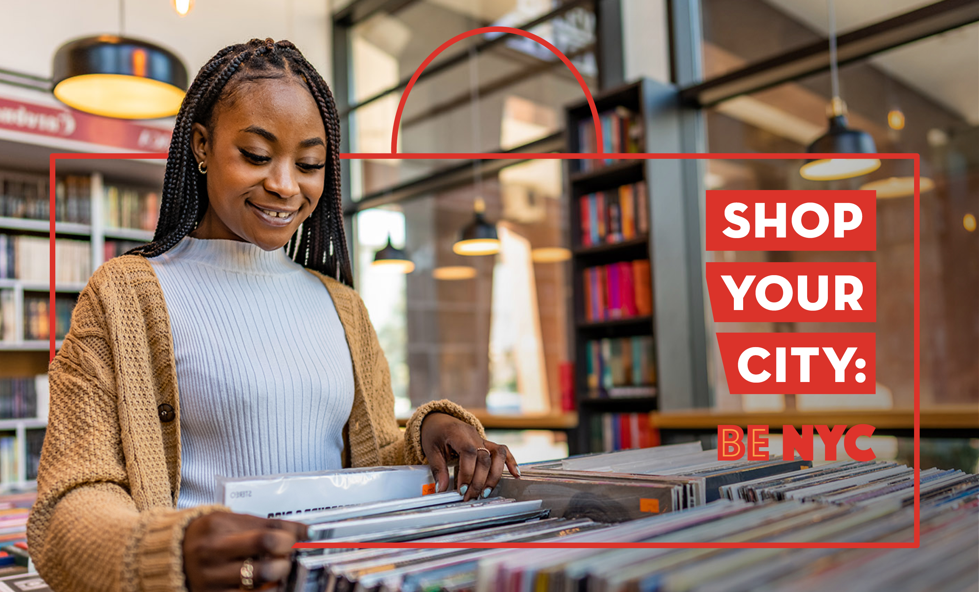 Woman looking at music records with text Shop Your City BE NYC
                                           