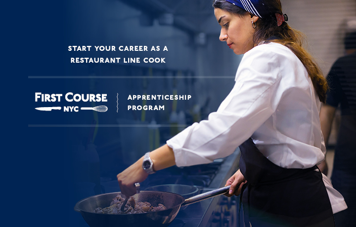 Female kitchen staffer with the copy Start Your Career as a Restaurant Line Cook: First Course NYC Apprenticeship Program
