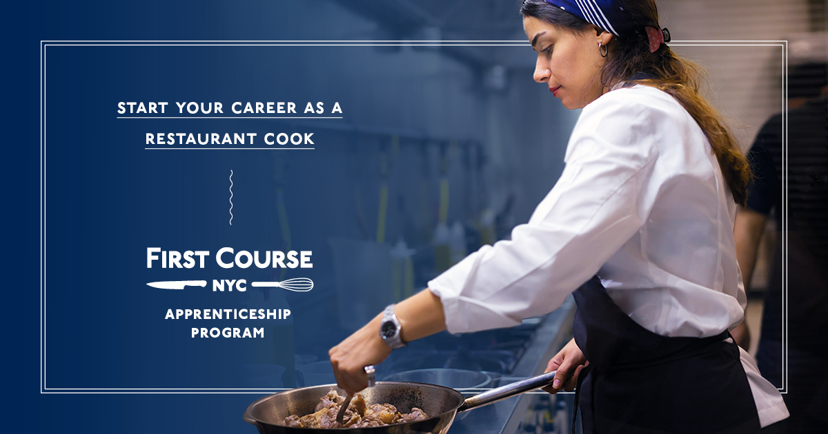 Female kitchen staffer with the copy Start Your Career as a Restaurant Cook: First Course NYC Apprenticeship Program