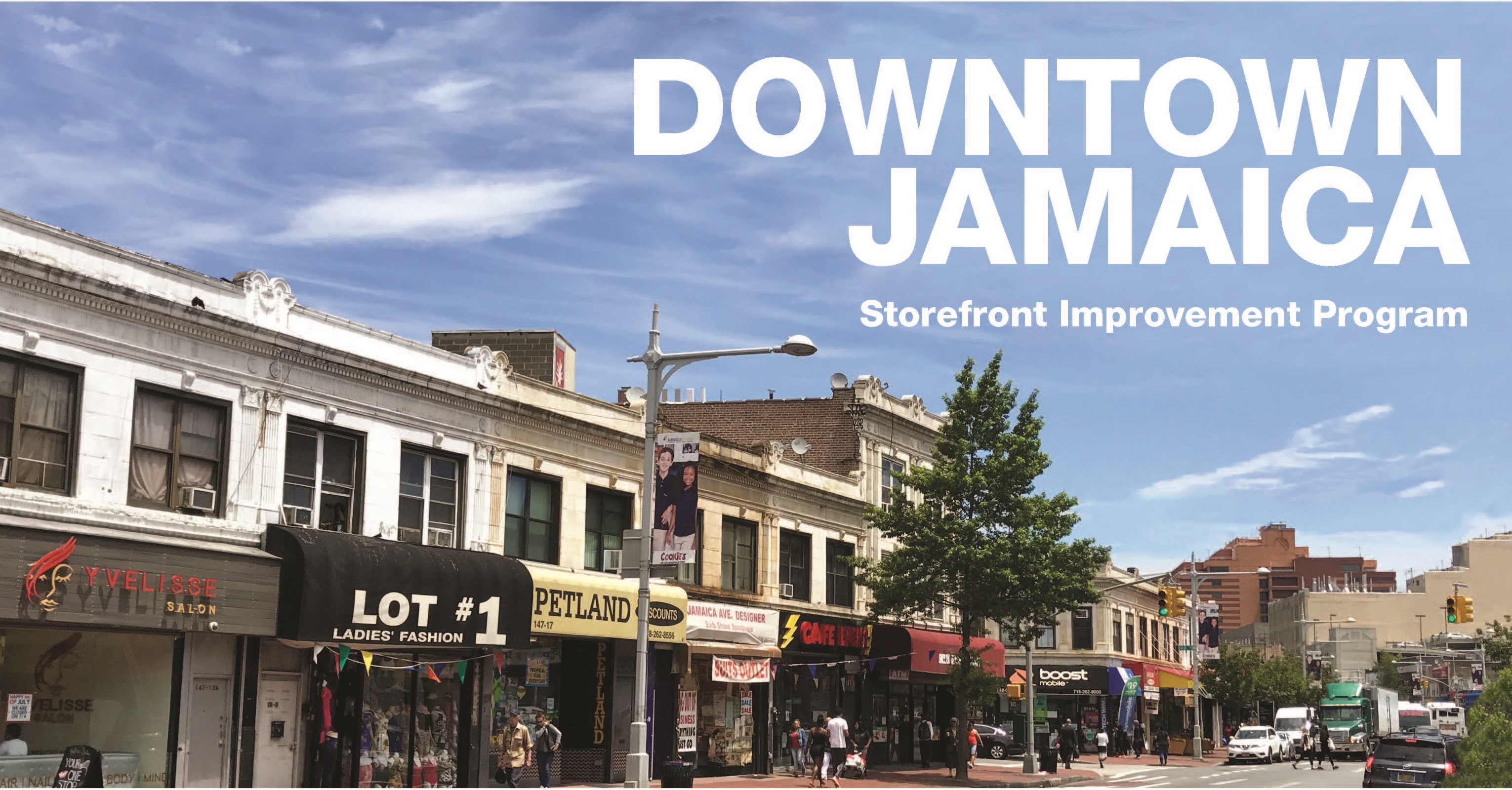 front of postcard promoting the Downtown Jamaica Storefront Improvement Program featuring a row of businesses in Jamaica, Queens