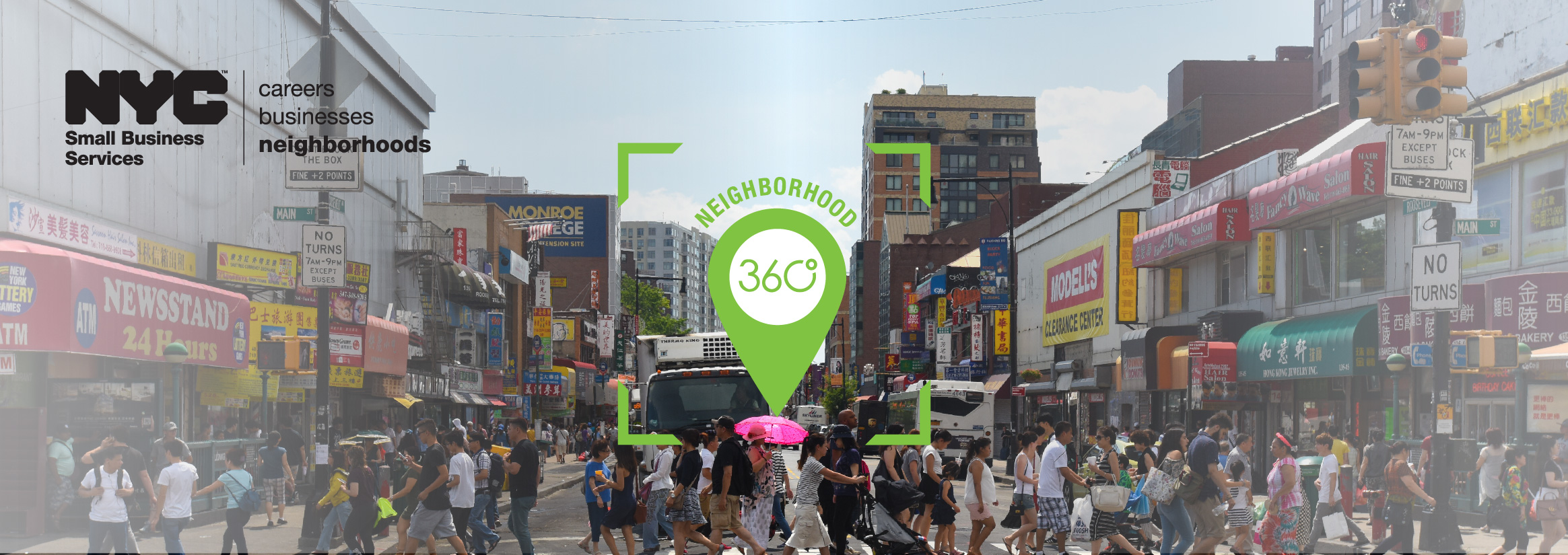 Neighborhood 360 logo with photo of Flushing commercial corridor