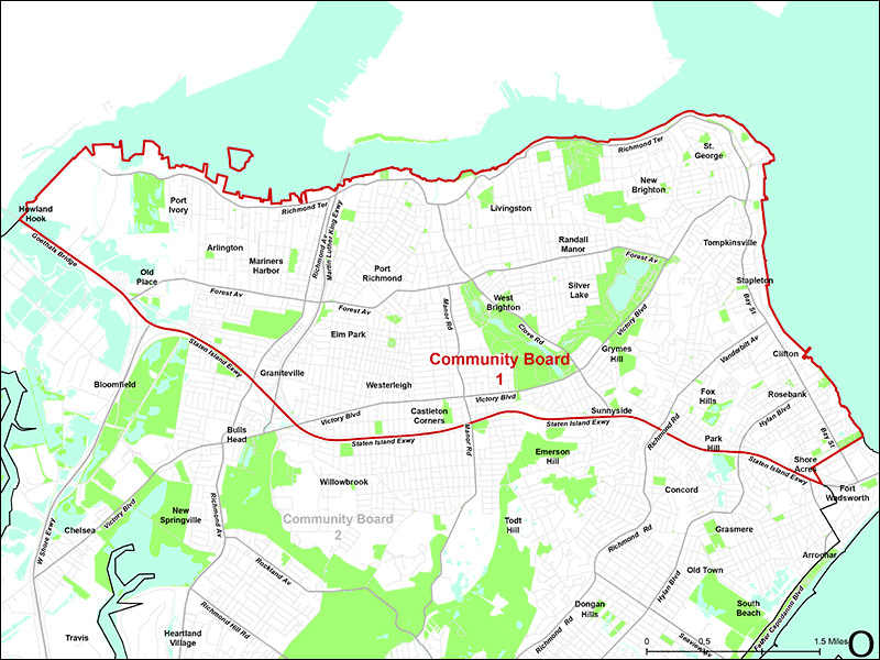 Staten Island Community District Map detailing the boundaries of CB 1