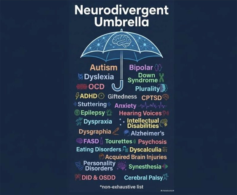 Neurodivergent Umbrella chart, includes autism, ADHD, dyslexia, Tourette syndrome, intellectual and developmental disabilities, mental health disabilities etc