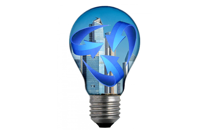 Graphic of a light bulb with buildings and blue arrows inside
                                           