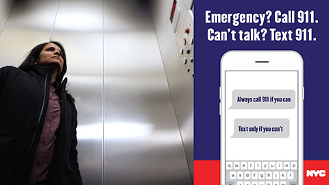 Photo of women in elevator. Emergency? Call 911. Can't talk? Text 911.