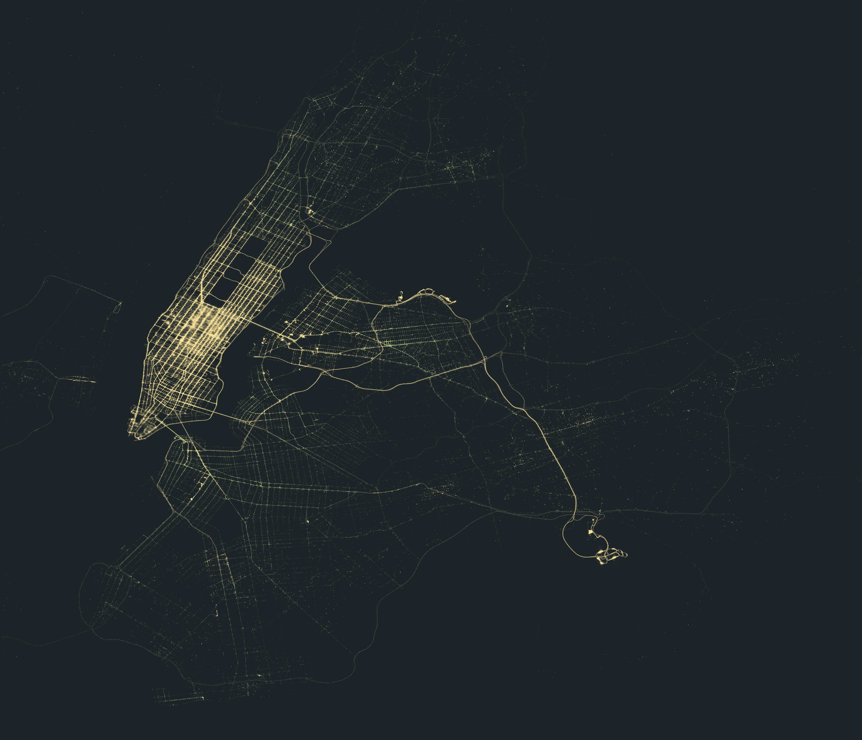 Data and Research Graphic, map of Manhattan at night with lights representing traffic