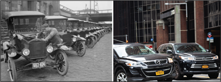 Photo of a row of parked Ford Model Ts next to photo of two modern black cars