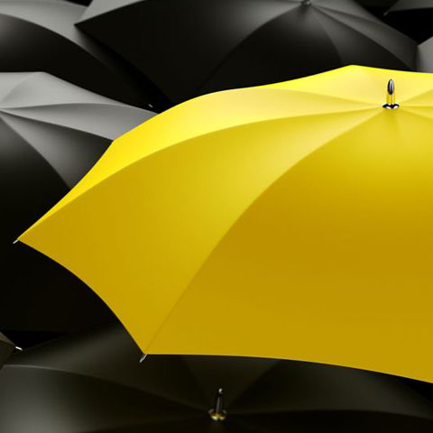 Black umbrellas with one bright yellow