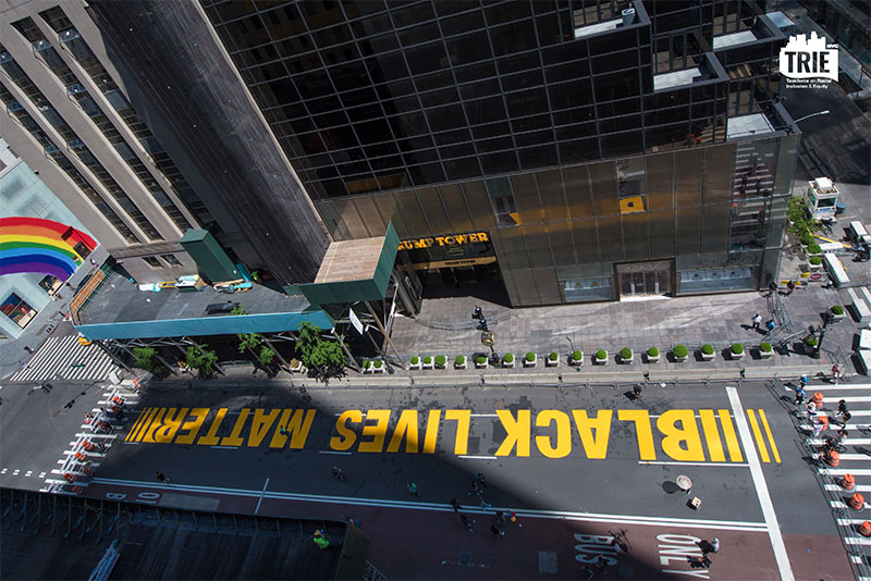 Photo of Black Life Matters painted on the street outside of Trump Towers.