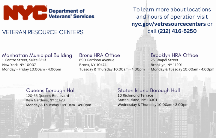 veteran resource centers, visit nyc.gov/vetresourcecenters or call 2124165250
                                           