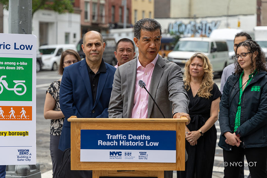 NYC DOT Commissioner Ydanis Rodriguez at July 2nd DOT press conference announcing NYC’s record low traffic deaths through the first half of 2025.