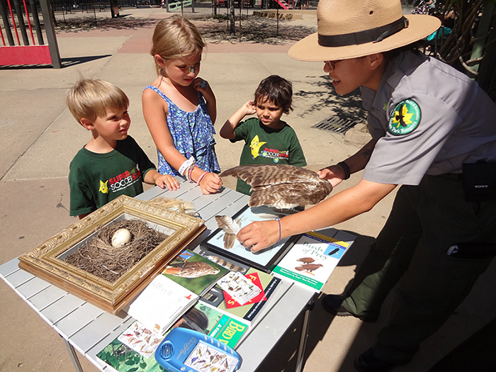 Two boys and one girl standing in front of a table that has birding pamphelts and a birds nest on it. An urban park ranger is holding some bird feathers and is teaching the children about birds of prey.