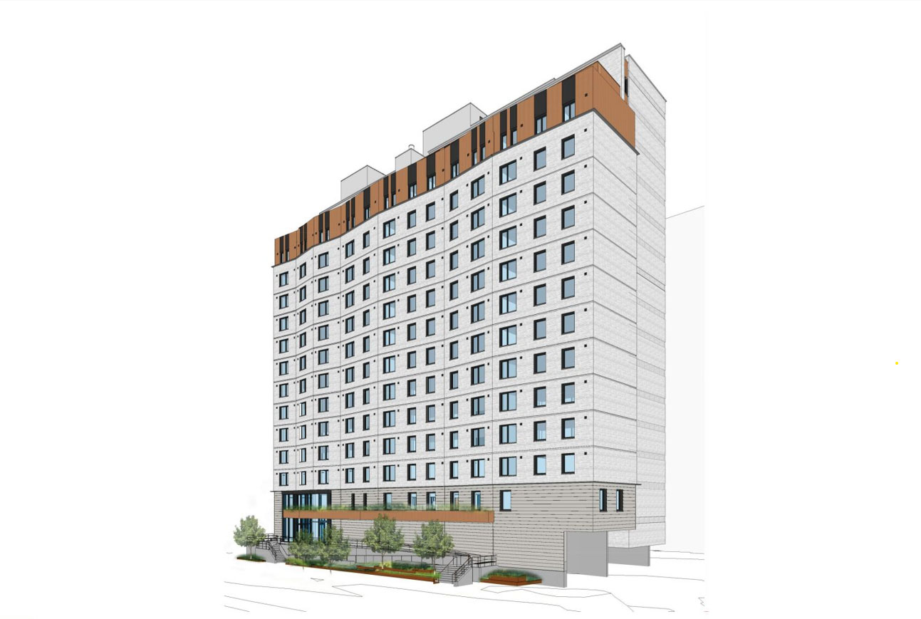 A 15-stories residential building with white wall and brown top