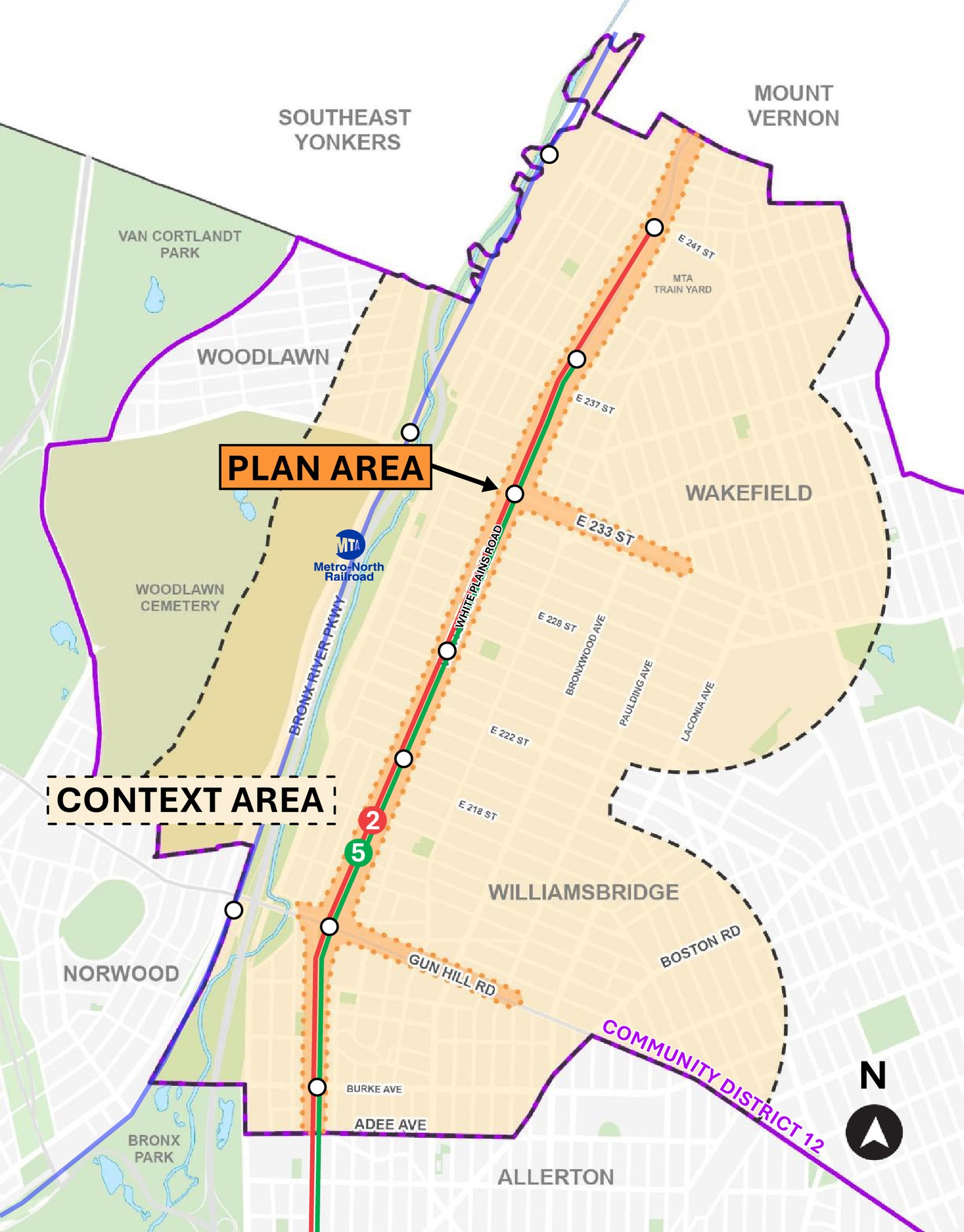 map of White Plains Road area with proposed plan area highlighted in light orange