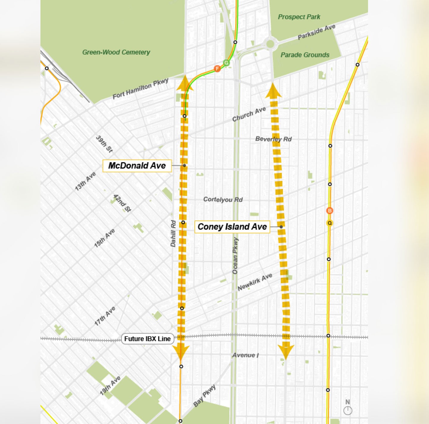map of south of Prospect Park with portions of Coney Island and McDonald avenues highlighted in light orange