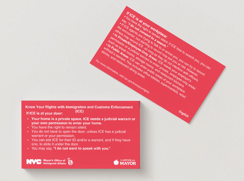 a card with red background and instructions to deal with ICE.