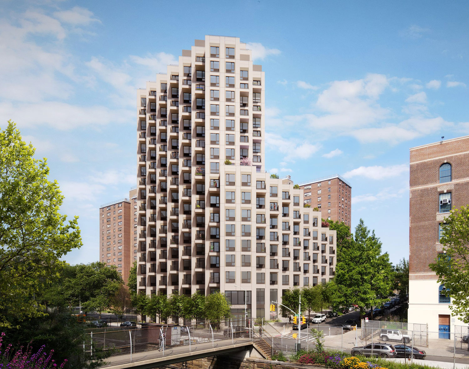 Rendering of Sol on Park, A multi-storied beige building at center.