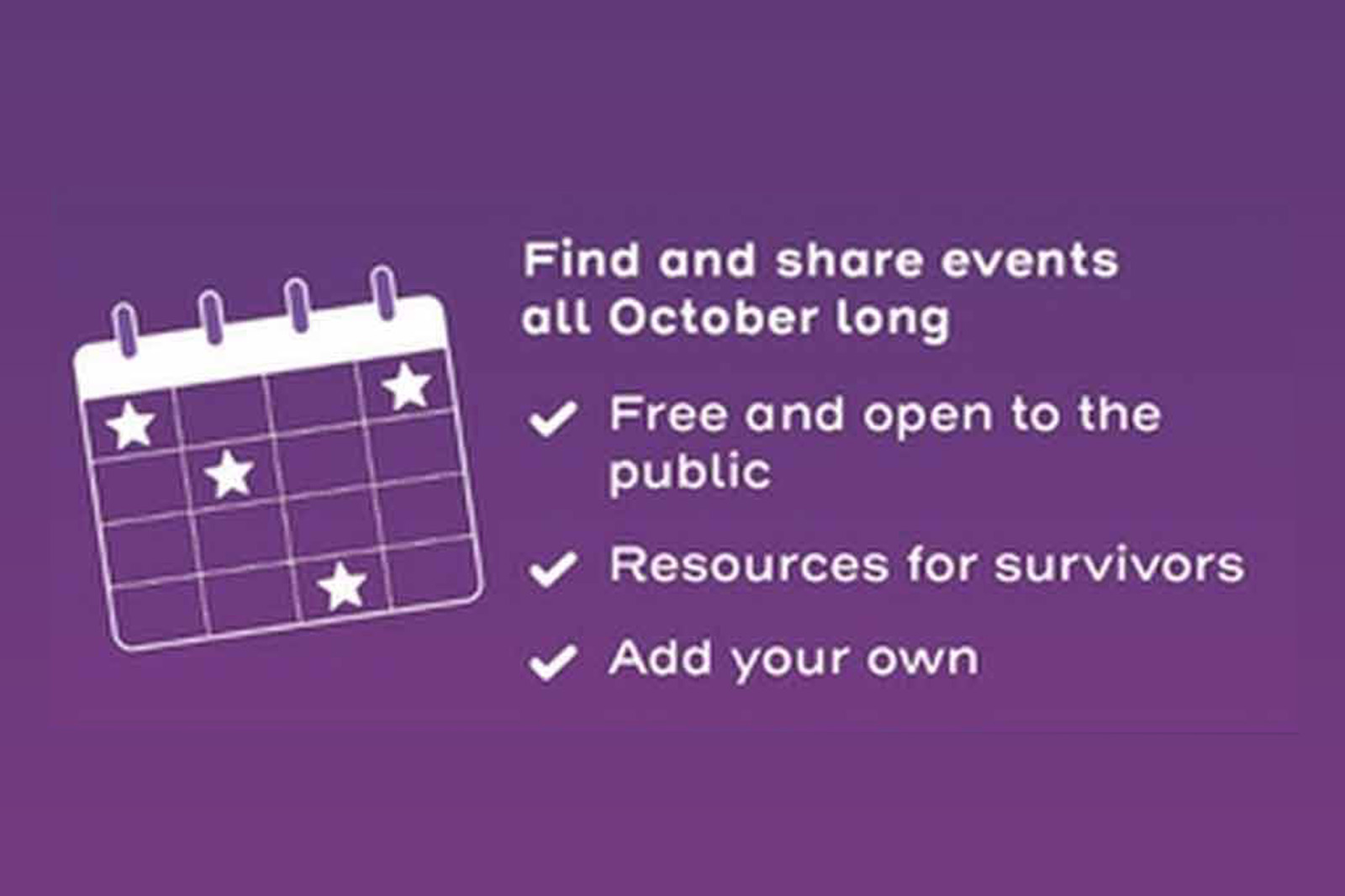 Domestic Violence Awareness Month calendar graphic reading events are resources for survivors
