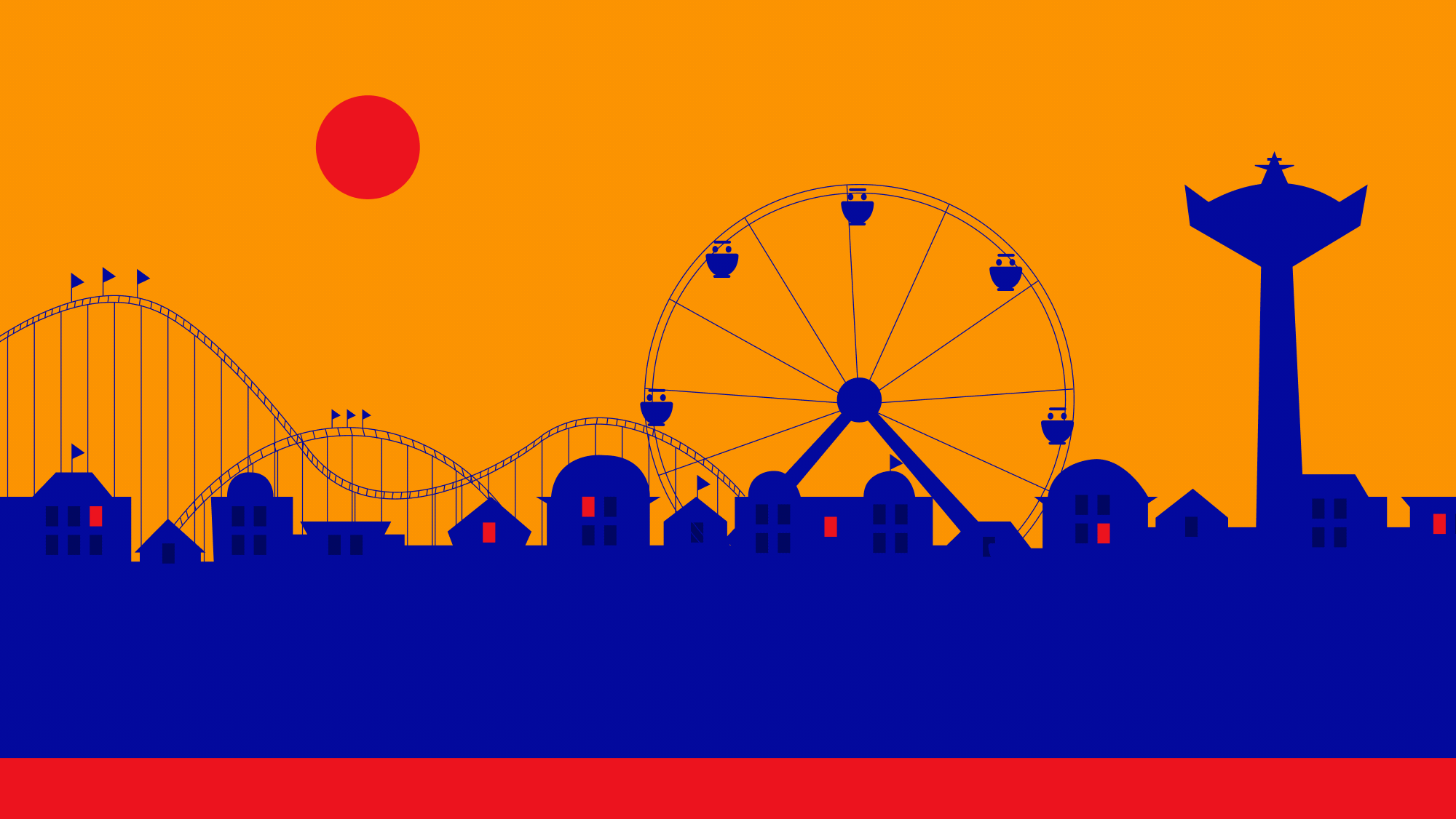 Stylized New York skyline illustration with a ferris wheel and taxi