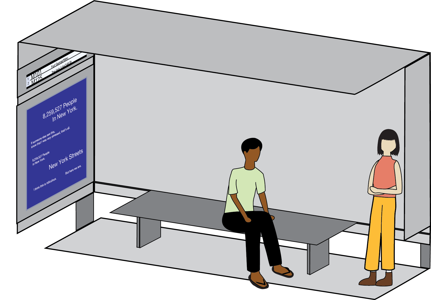 Diagram of a bus shelter providing an overhead covering for people sitting on a bench waiting for a bus to arrive.