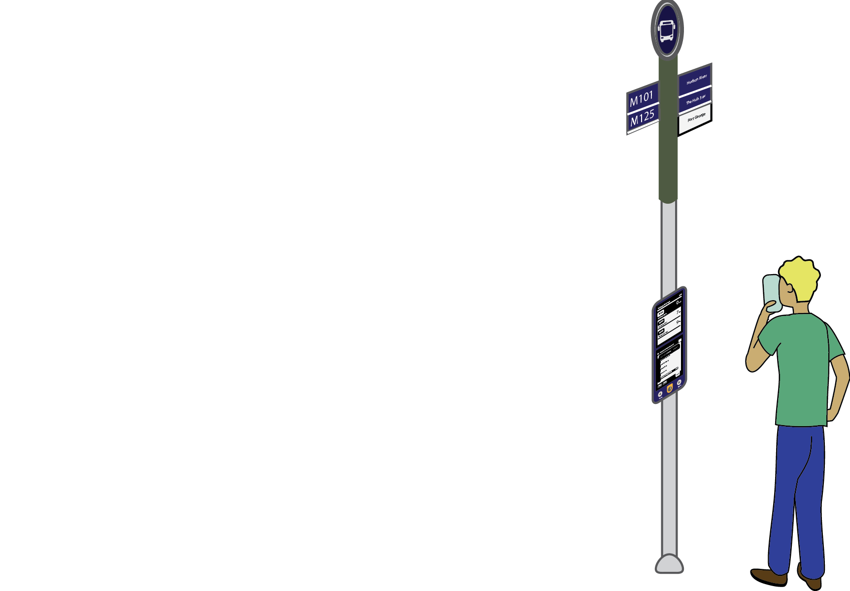 Illustration of a person standing next to a pole with bus arrival times on it.