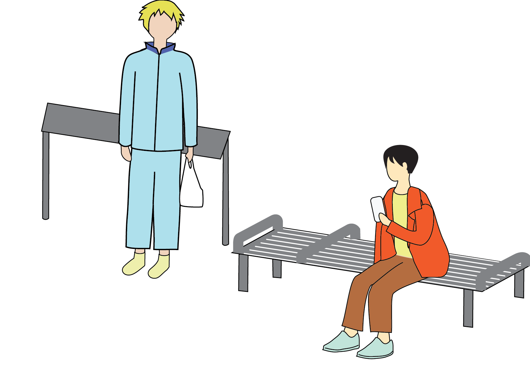 Diagram of seating elements available at New York City bus stops including a tall bar for people to lean on while they stand a silver bench with low arm rests for people to sit on.