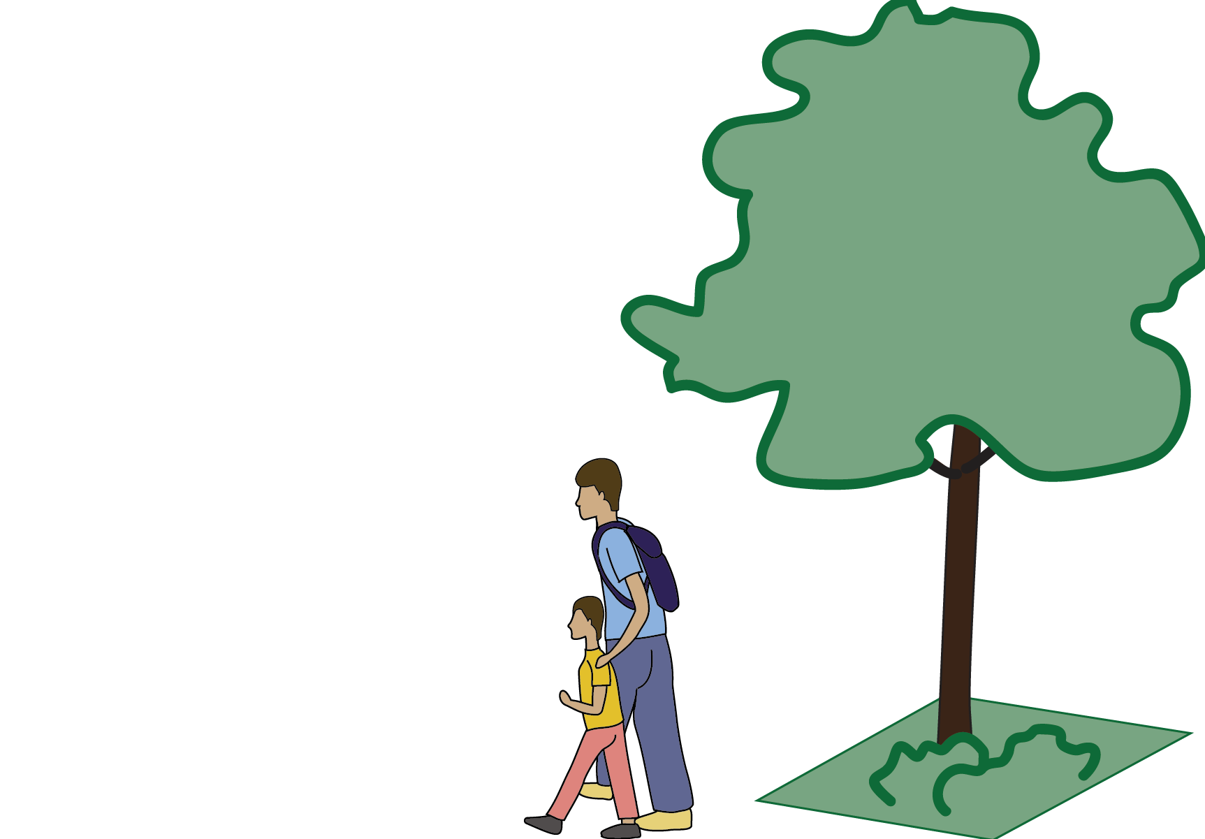 Illustration of two people walking by a tree.