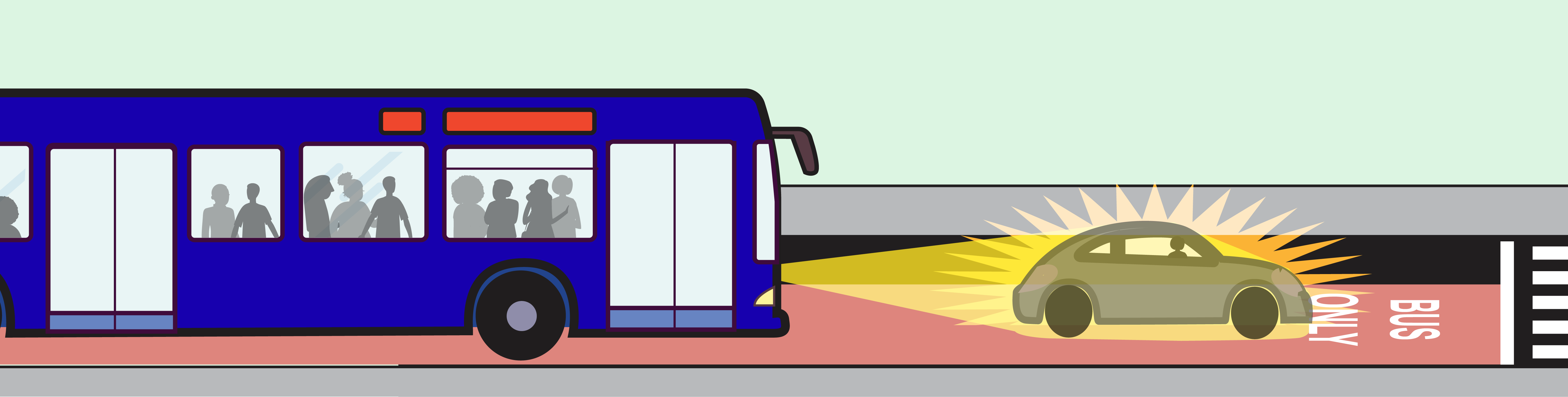 An illustration of a blue M T A bus with a camera taking a photo of a car driving in front of the bus on a red bus-only lane.