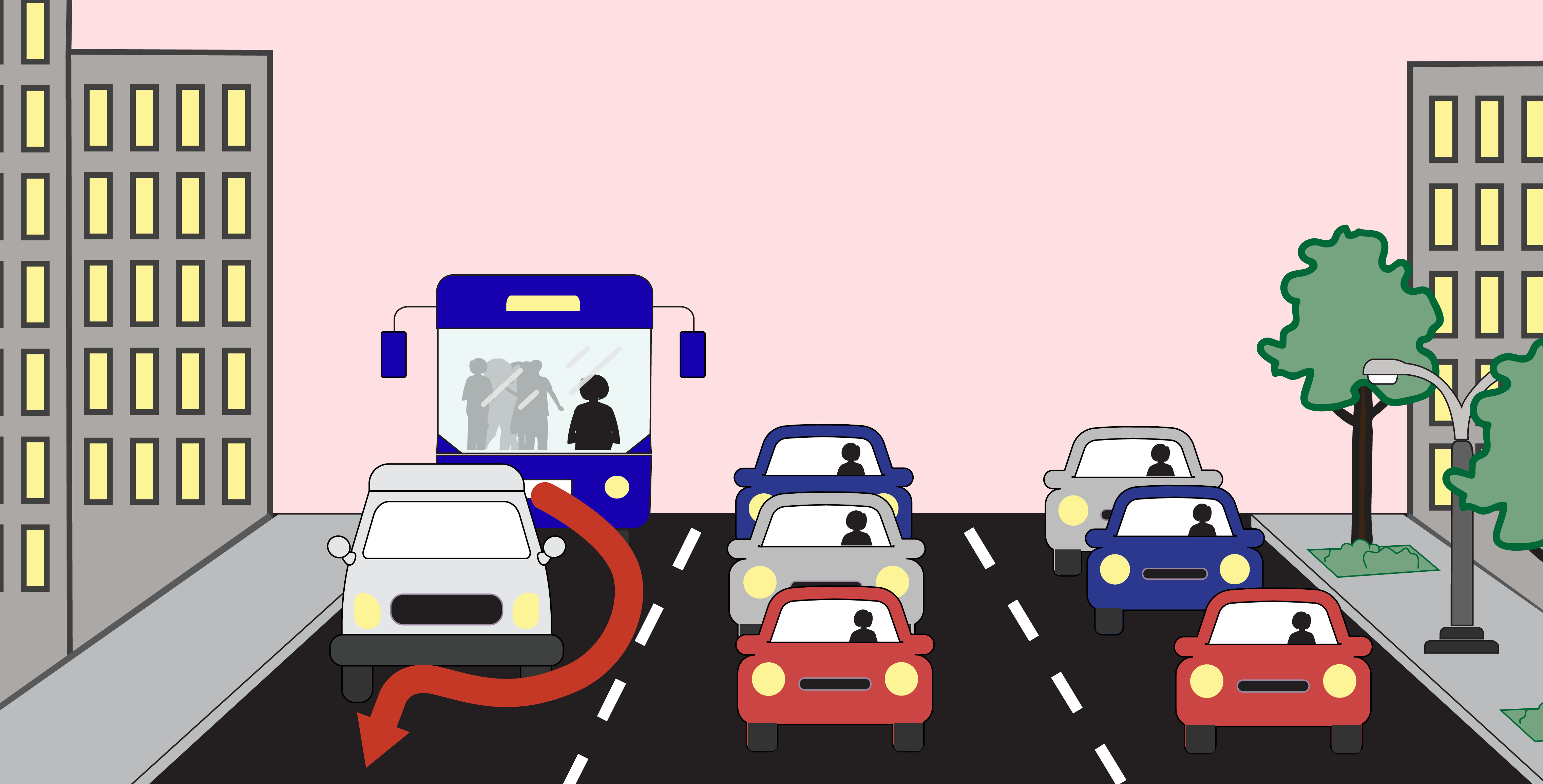 An illustration of a double-parked car blocking a bus trying to drive down a congested three-lane street in a city.