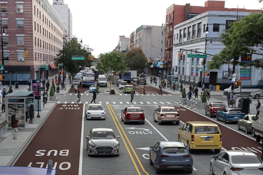 Rendering of roadway layout at 116th Street and Madison Avenue features offset bus lanes in each direction.