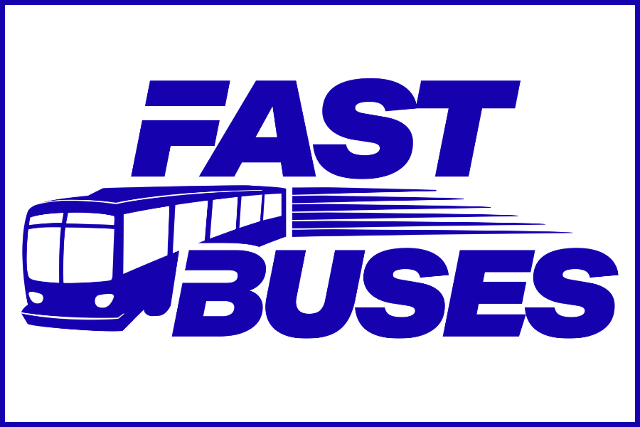 blue and white Fast Buses logo.