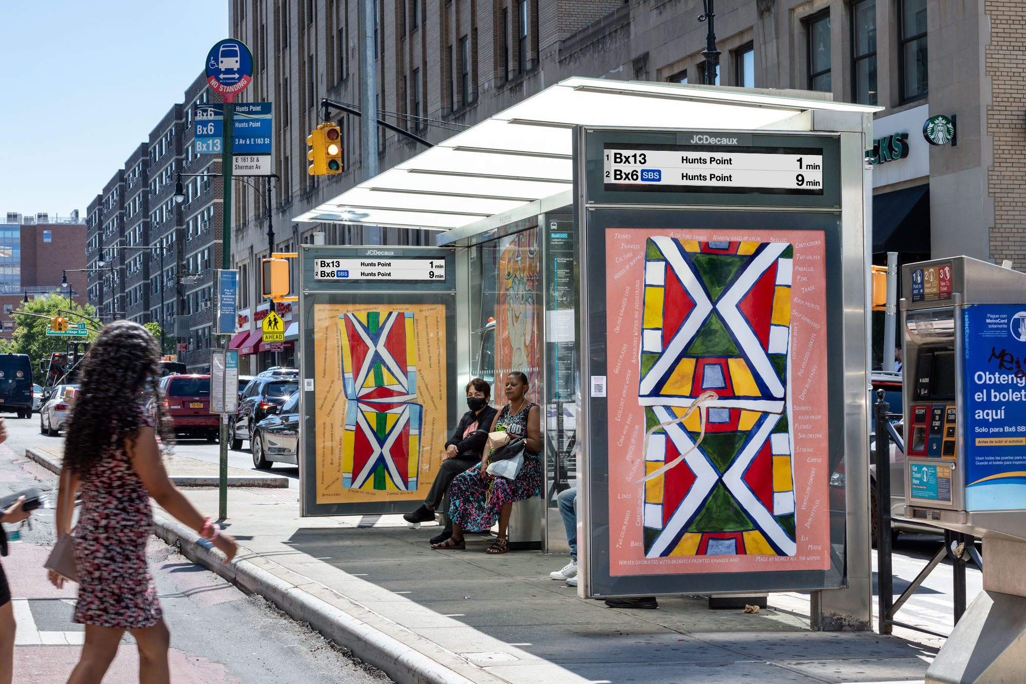 Rendering of people sitting on a bench inside a large bus shelter with bus arrival times displayed on a digital panel above colorful artwork panels.