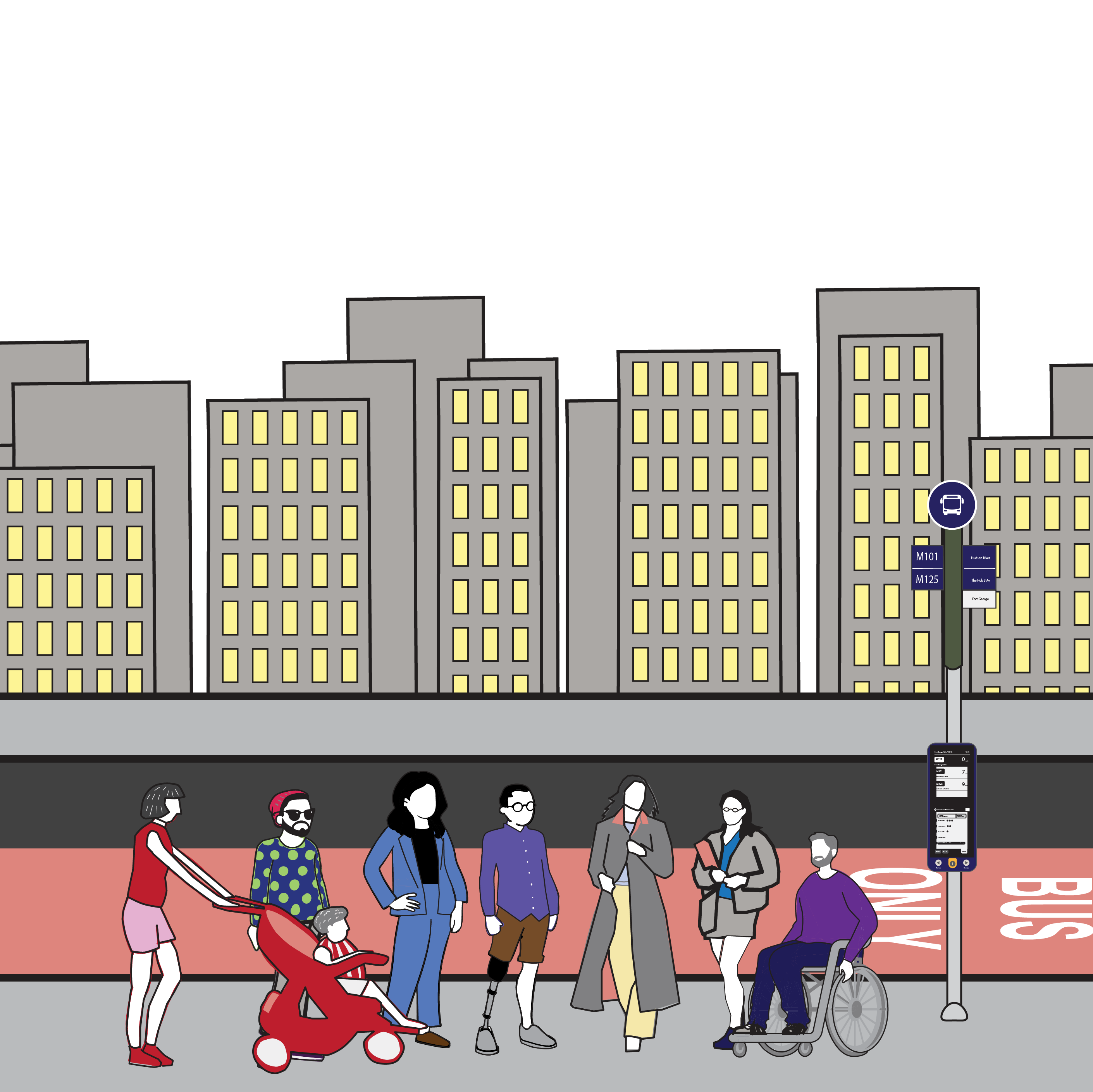Icon of a group of people waiting at a bus stop in a city.