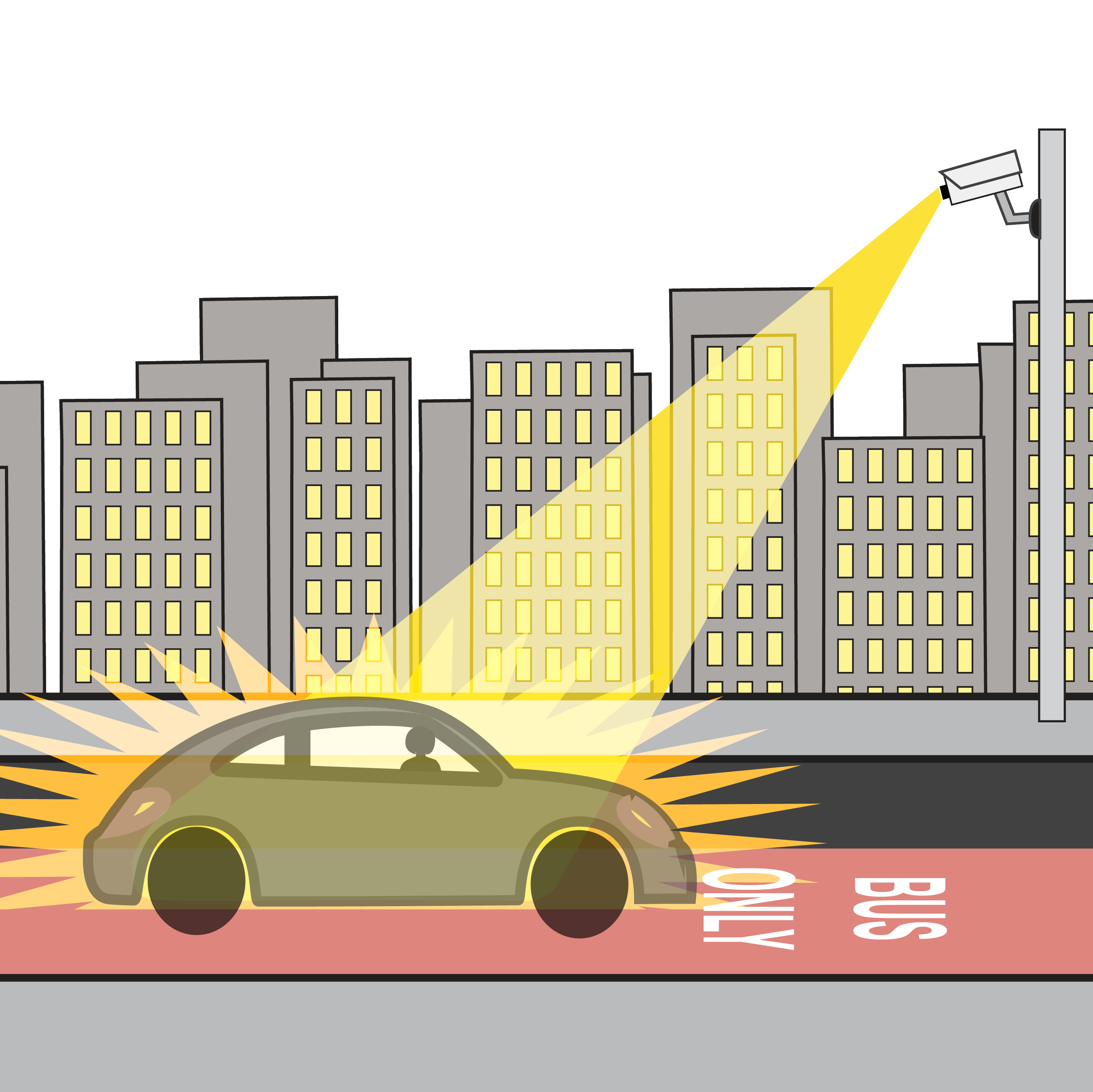 Icon of a car driving on a red bus-only lane caught by a camera enforcing traffic rules in a city.