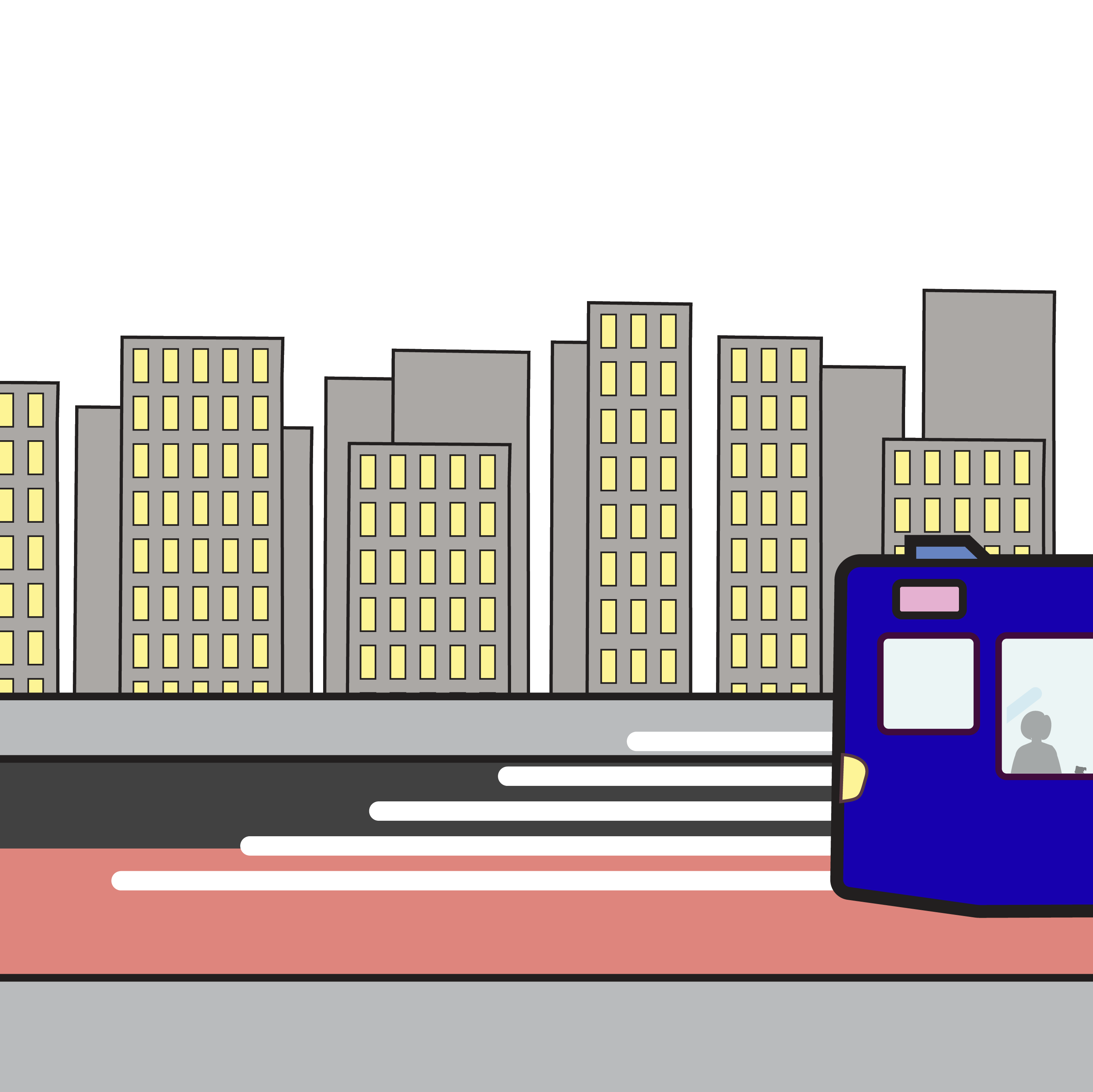 Icon showing a fast moving city bus traveling quickly on a red bus-only lane.