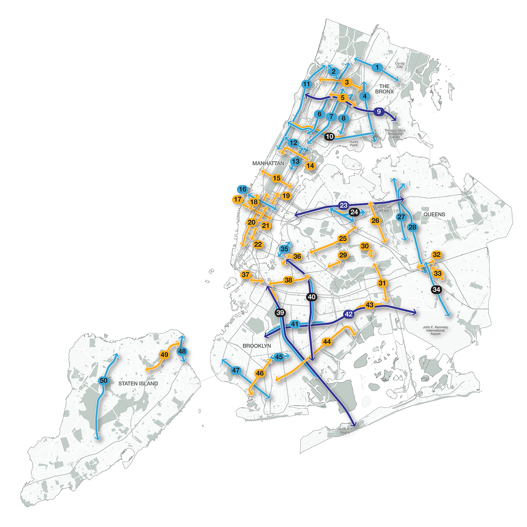 Map of New York City with 50 corridors highlighted to represent the Priority Corridors that are Rapid Bus Corridors, in development or future projects.