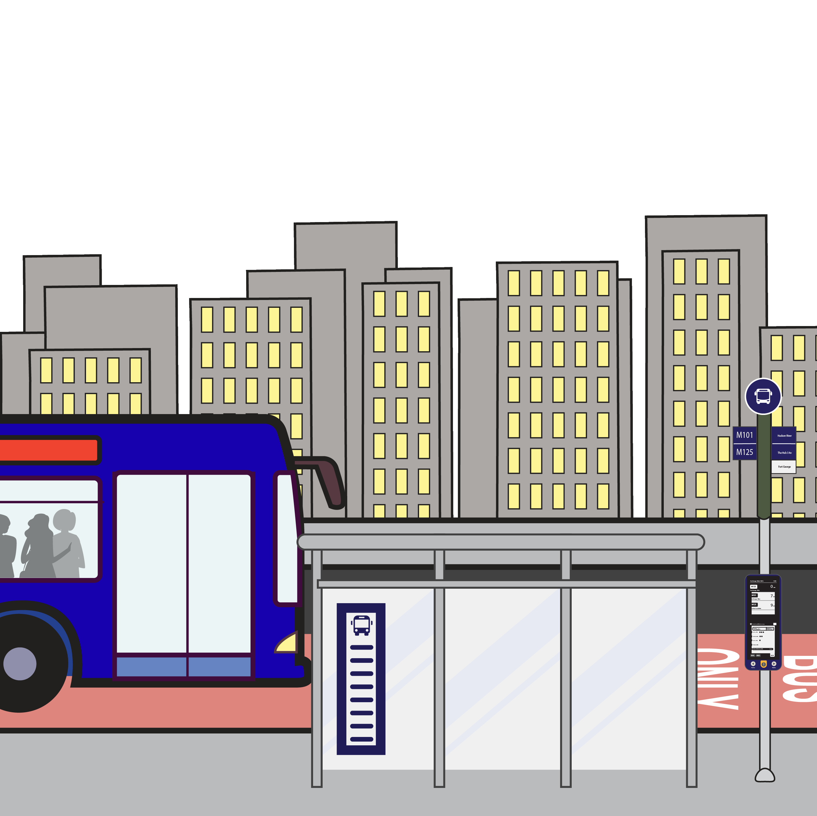Icon of a blue city bus traveling on a red bus-only lane approaching a bus stop with a shelter for people to wait at.