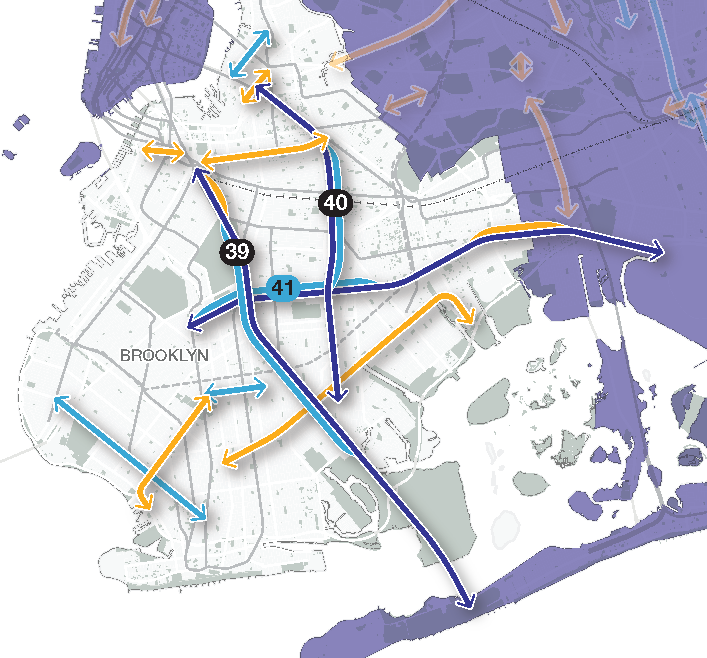Map of Brooklyn highlighting three roadways where N Y C D O T is planning transit improvements: Flatbush Avenue, Church Avenue, and Utica Avenue.