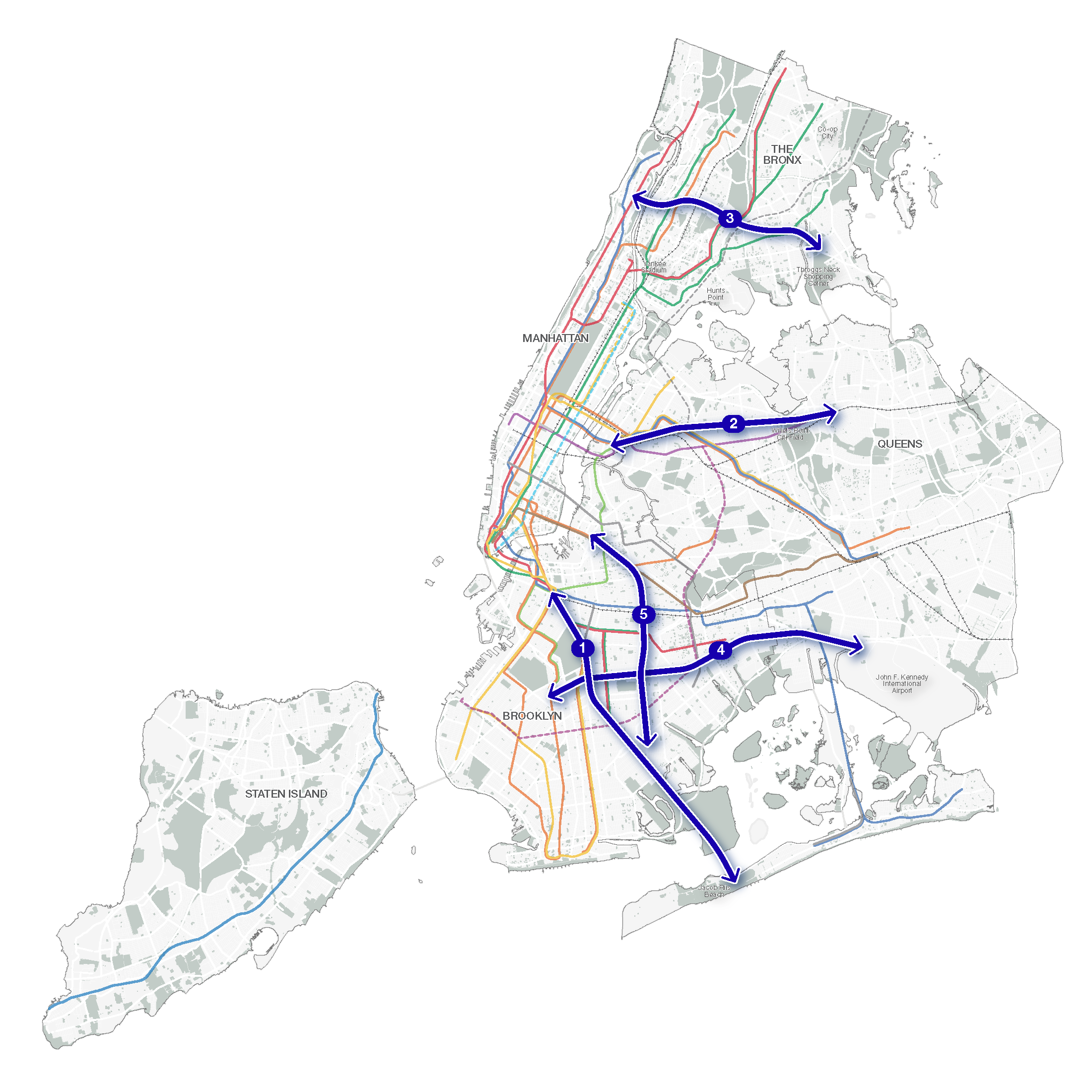 Map of New York City with five major corridors highlighted in blue to show where the city is planning rapid bus improvements