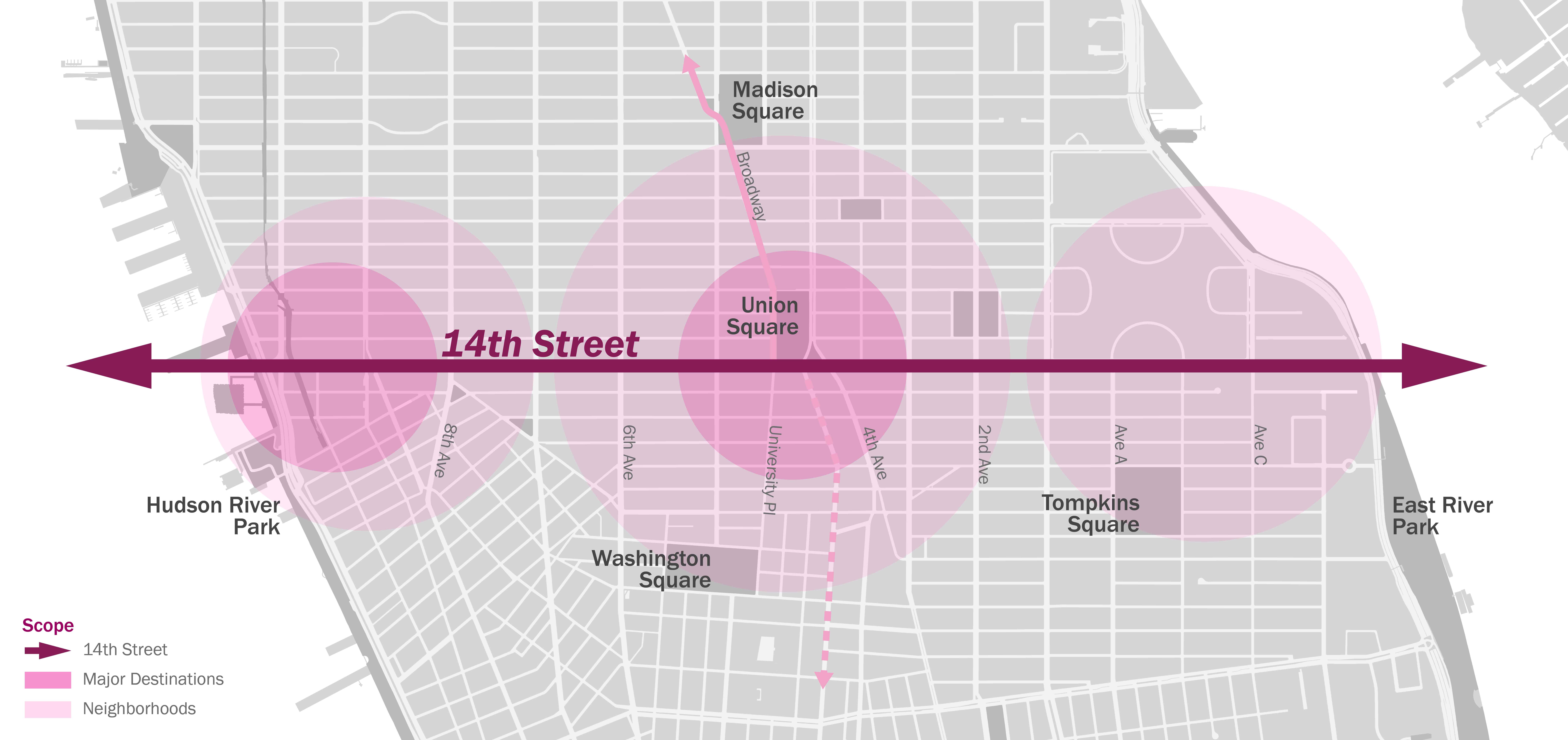 Map of 14th Street corridor in Manhattan from Hudson River to East River with three neighborhoods highlighted in pink.