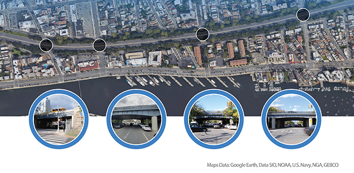 Aerial image of the Sheepshead Bay neighborhood in Brooklyn, with four circles highlighting the location of four bridges that cross over the Belt Parkway roadway.