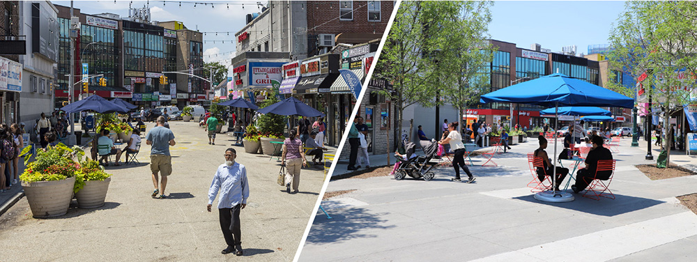 Two photos side by side showing the same plaza in Queens. The photo on the left shows the plaza created in temporary materials such as paint and planters and the photo on the right shows the permanent plaza with an elevated concrete surface, trees, and people sitting at tables and chairs. 