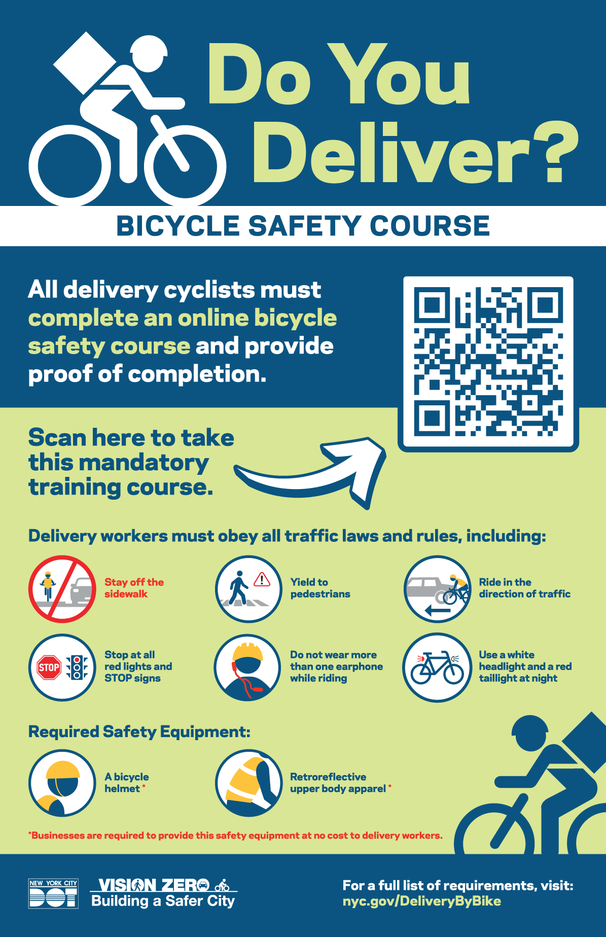 Do You Deliver? Poster that businesses must post in their establishment if they employ delivery workers who ride bikes or e-bikes in NYC.